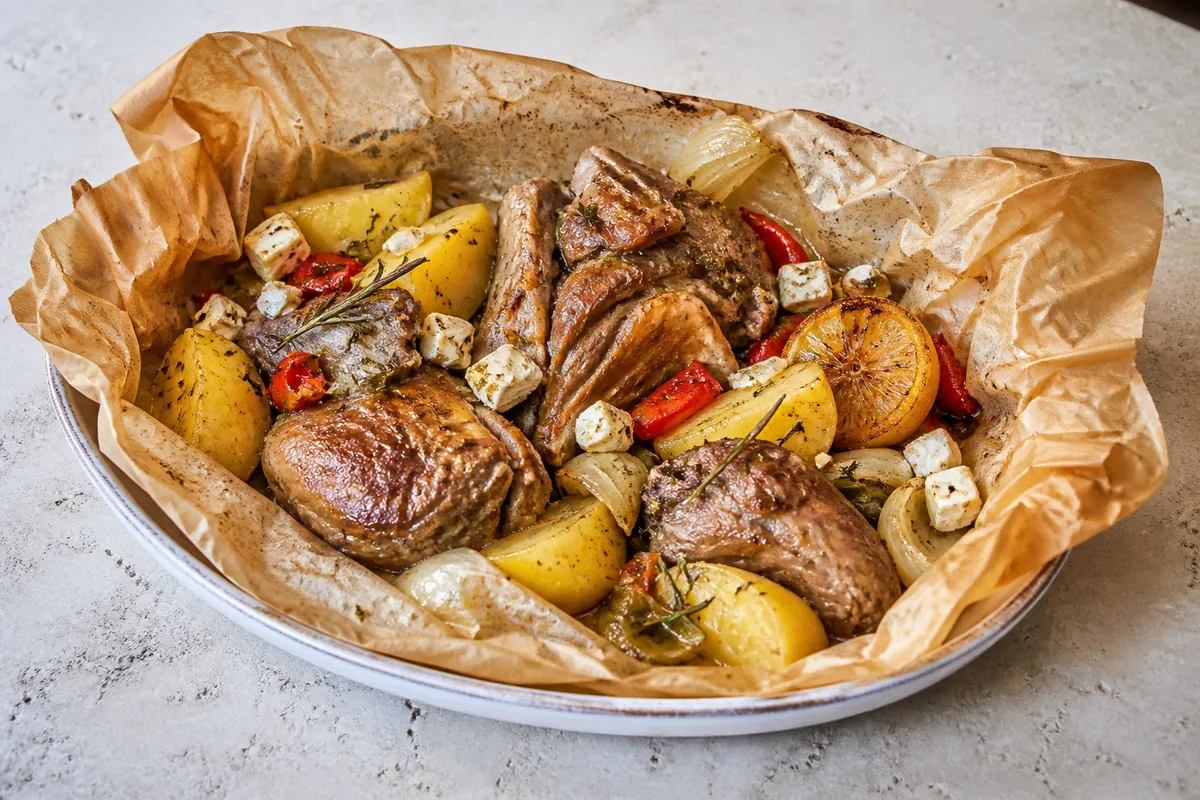 Le plat fini exact et immédiatement identifiable : agneau kleftiko grec en papillote