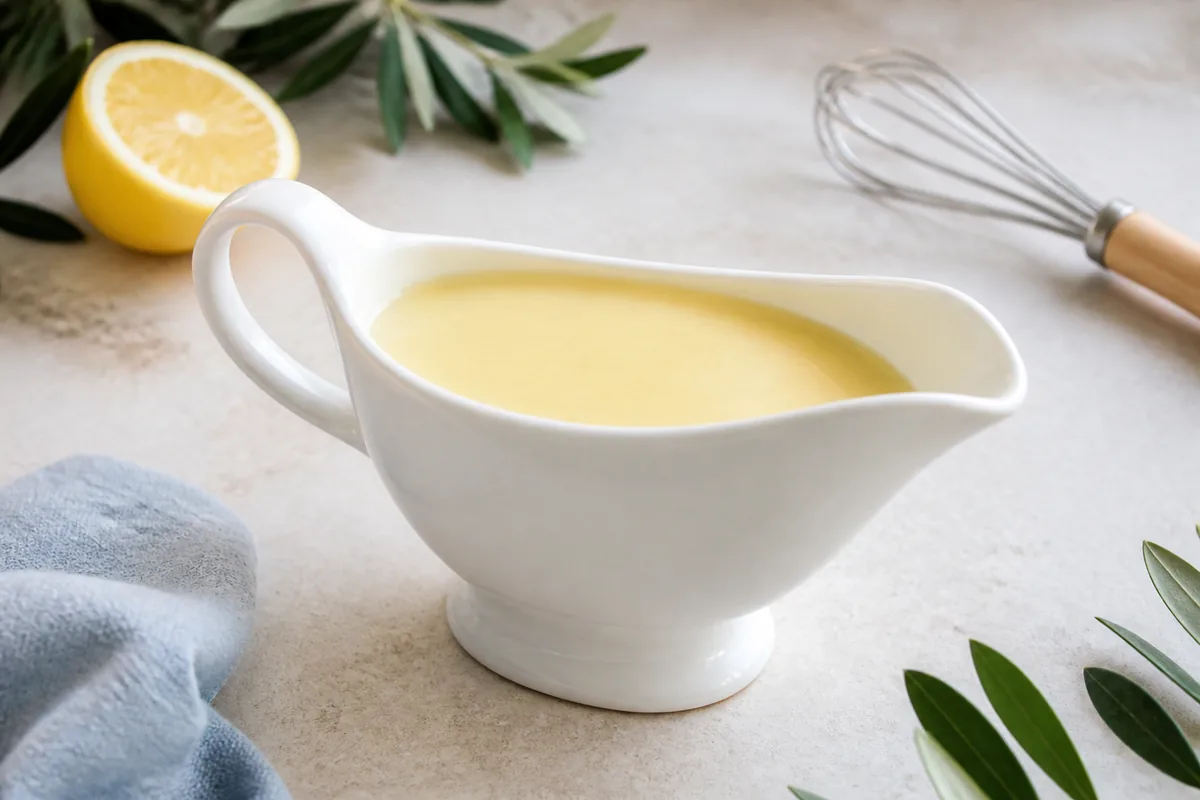 La sauce avgolemono terminée, lisse et jaune ivoire, servie seule dans une saucière