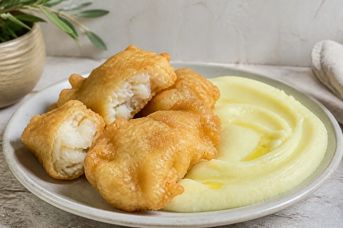 La morue frite croustillante et la skordalia lisse servies ensemble