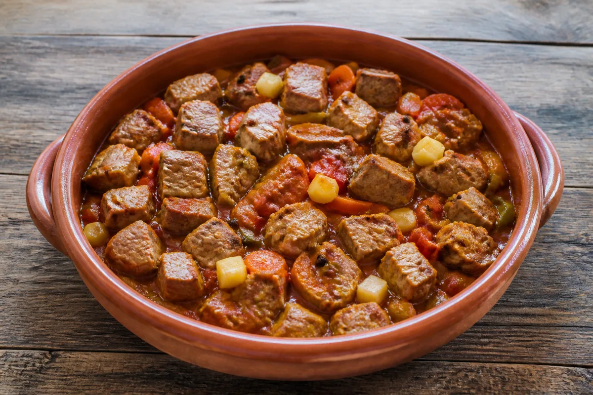 Le bekri meze fini avec cubes de porc, sauce tomate, poivron vert, carottes et fromage