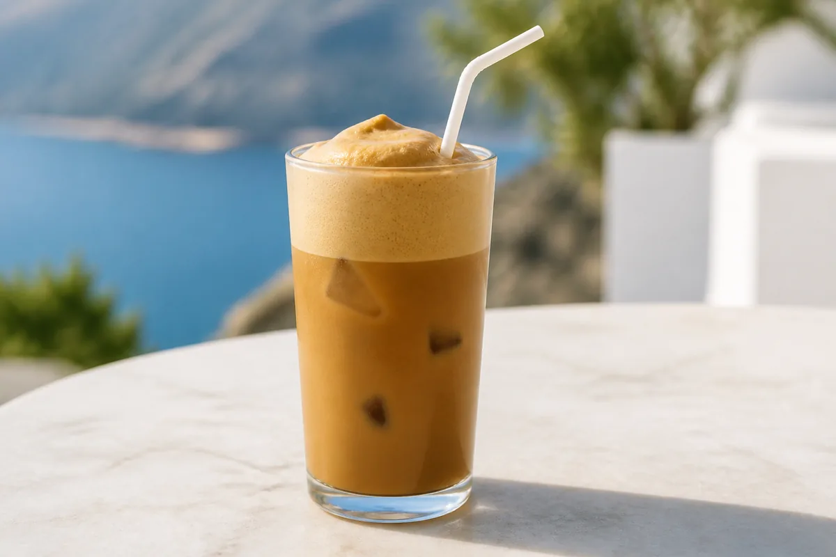 Un café frappé grec glacé immédiatement identifiable, avec sa mousse dense et ses glaçons visibles