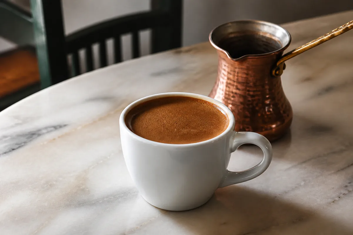 Un café grec fini dans sa petite tasse, avec sa mousse et le briki