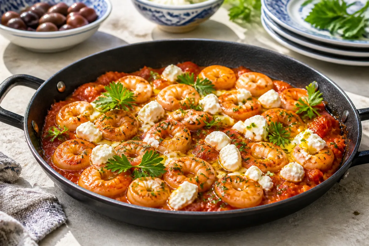Le plat fini immédiatement identifiable : crevettes, sauce tomate et feta