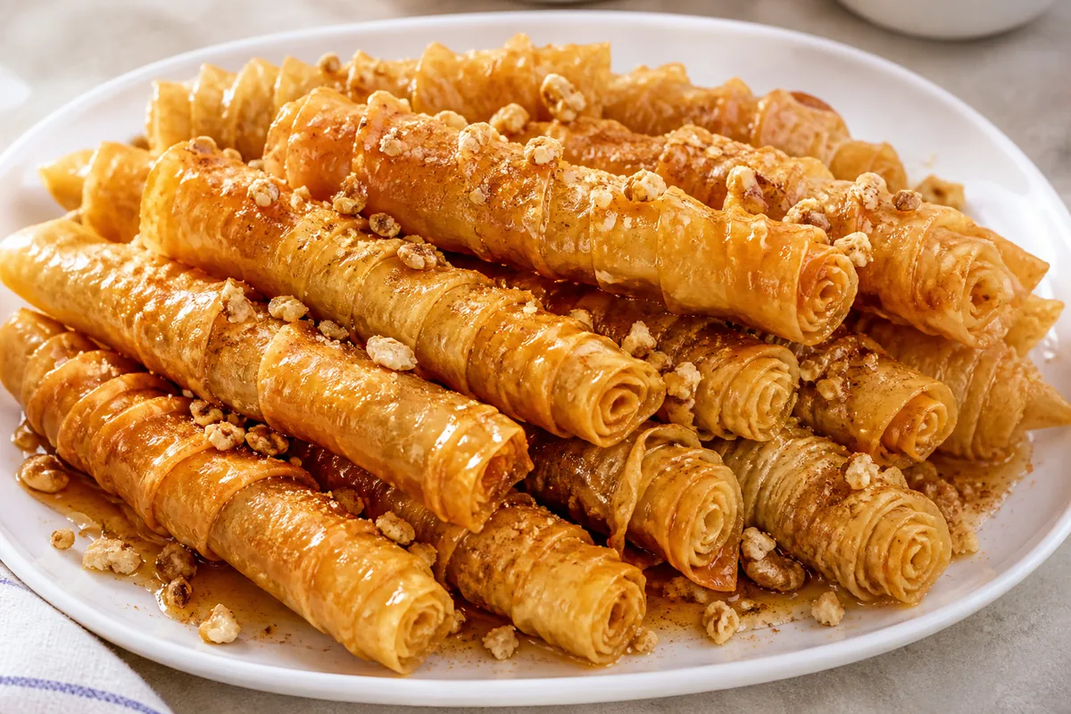 Des diples grecques en fins rouleaux frits, brillants de miel, avec noix et cannelle