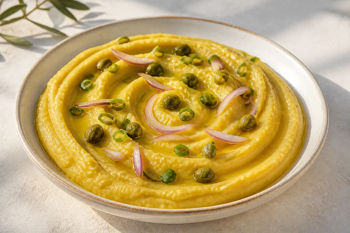 La fava jaune et lisse avec les câpres, l’oignon rouge, les cébettes et l’huile d’olive