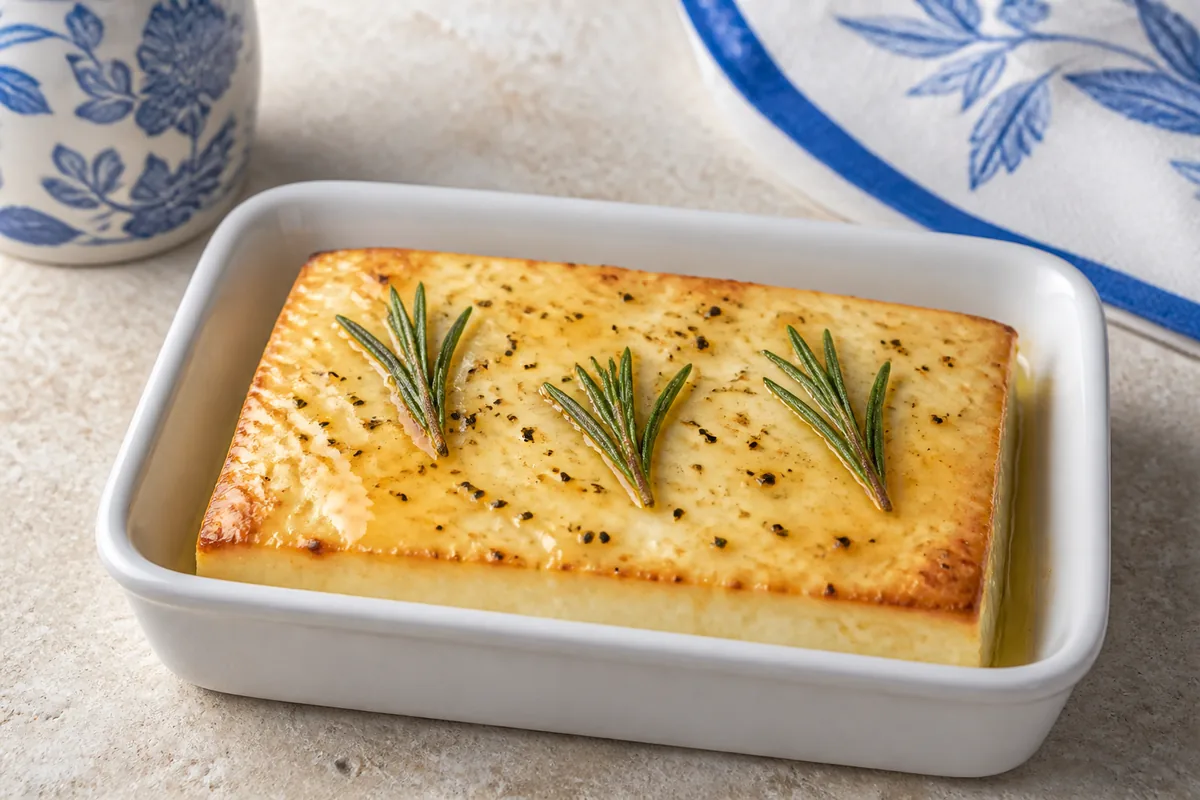 Un bloc de feta au four arrosé de miel de châtaignier et d’huile d’olive, avec trois branches de romarin frais et du poivre, sans autre ingrédient