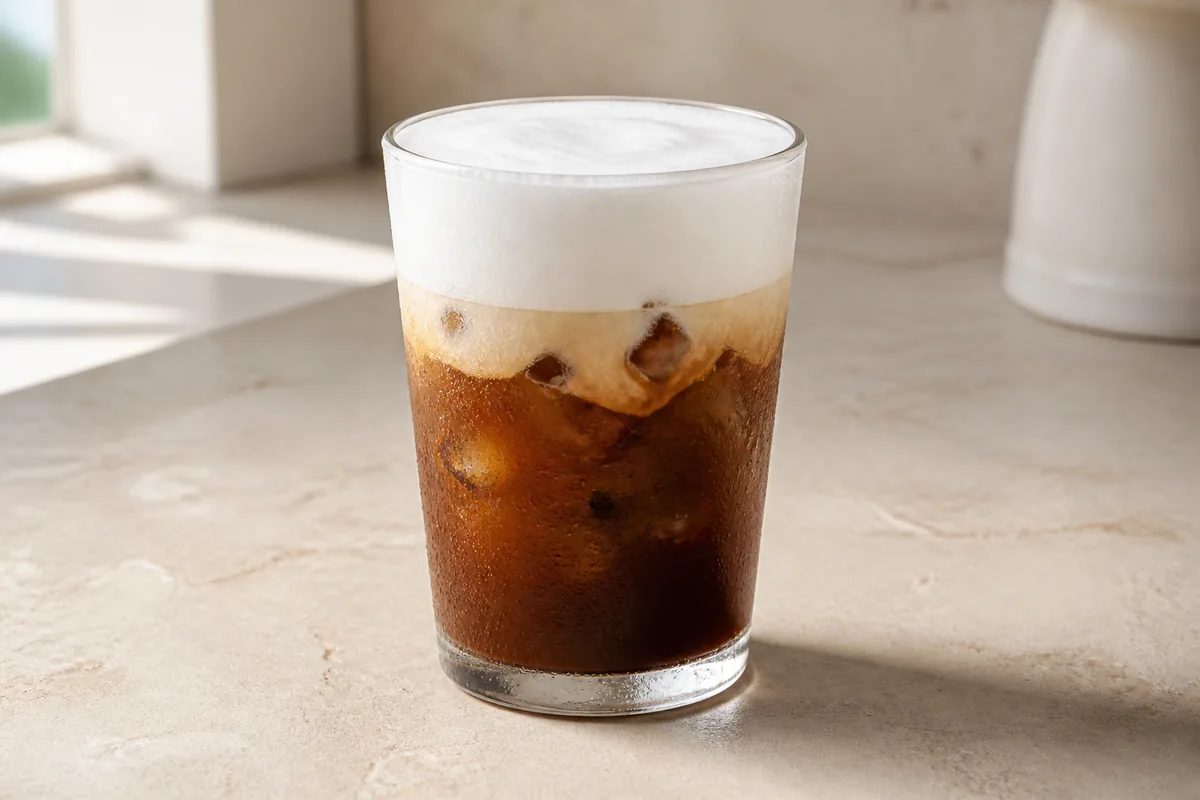 Un freddo cappuccino fini, espresso glacé surmonté d’une mousse froide de lait