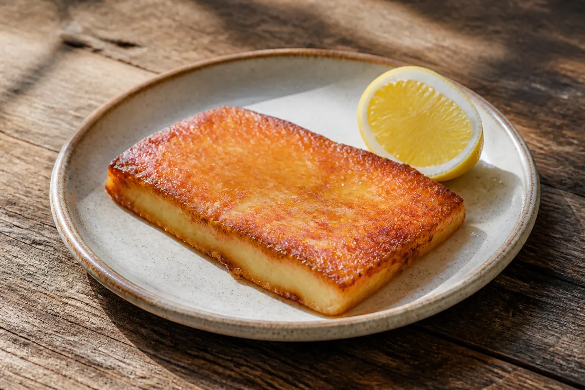 Le fromage saganaki fini, doré et croustillant, servi avec du citron