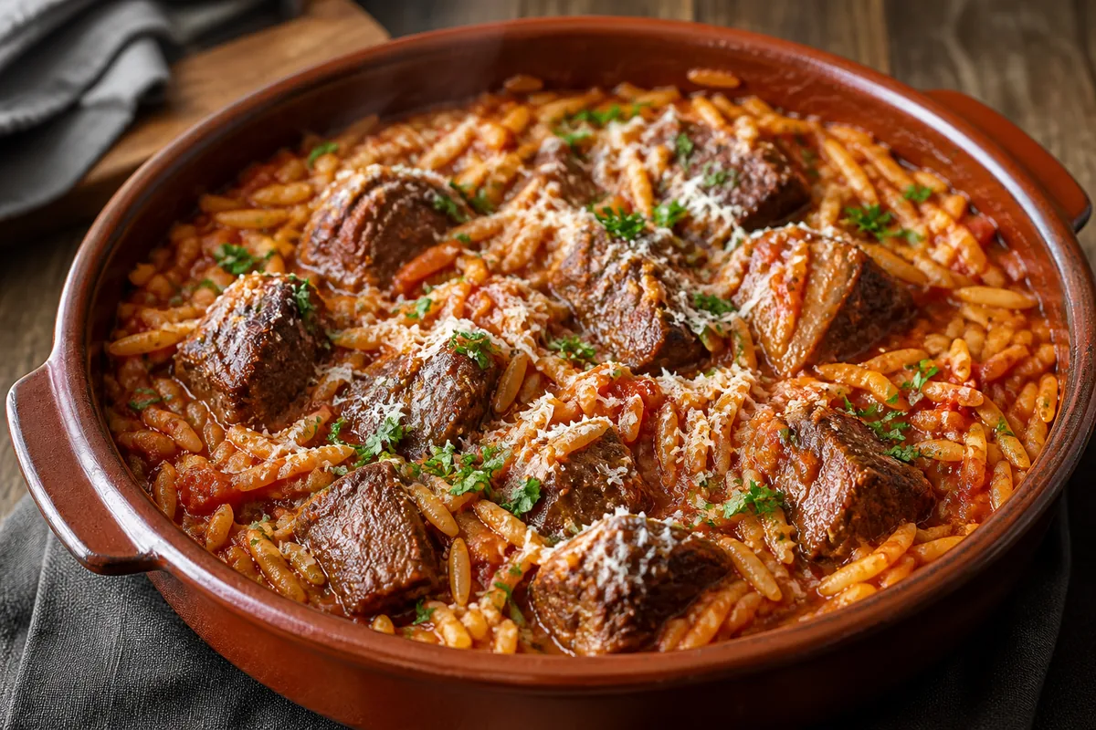 Le giouvetsi terminé, avec le bœuf mijoté et le kritharaki dans une sauce tomate abondante