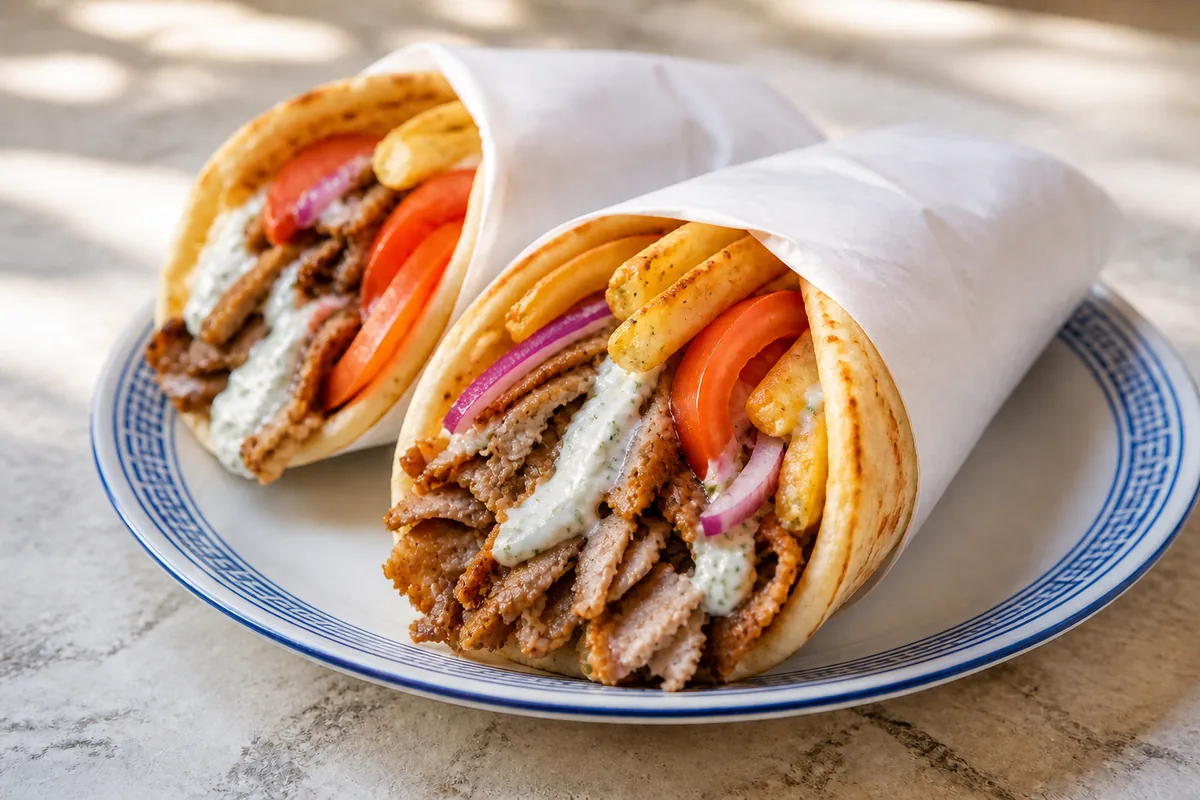 Deux pitas gyros avec lamelles de porc, tzatziki, tomate, oignon et frites