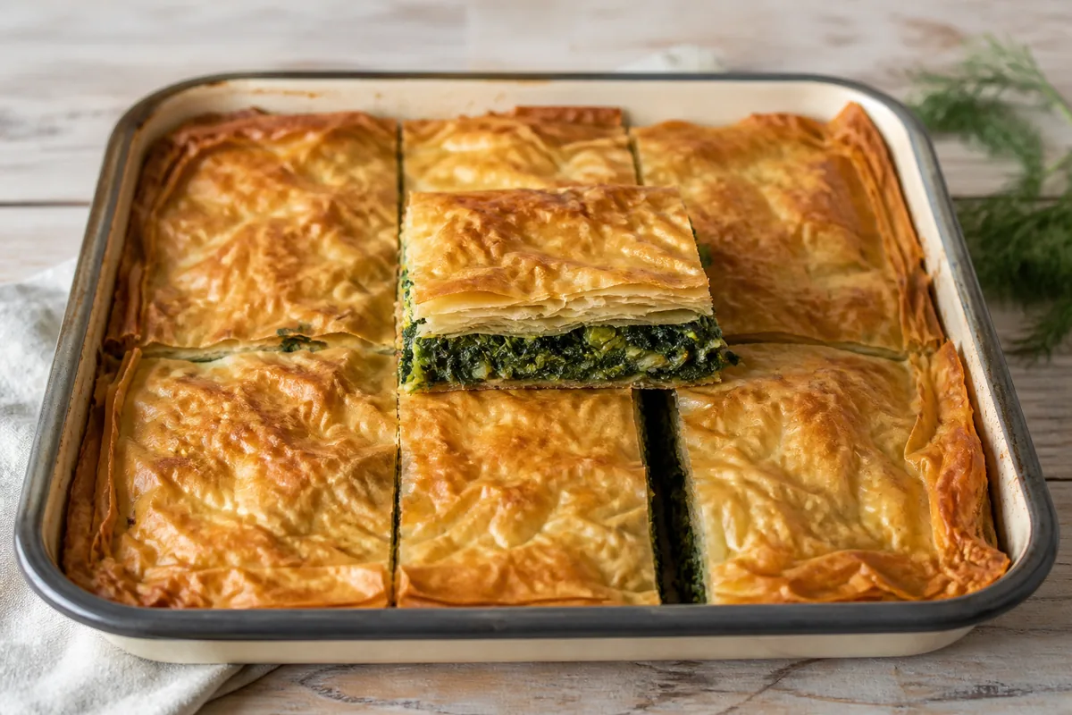 Une hortopita dorée découpée, avec ses couches de pâte et sa garniture verte d’épinards et d’herbes