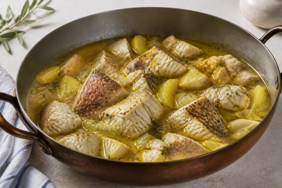 La kakavia sans tomate, avec les poissons cuits, les pommes de terre et les oignons dans le bouillon citronné