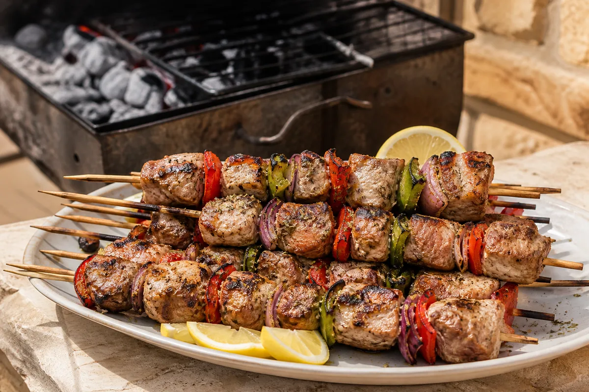 Des brochettes de kontosouvli au porc grillé, alternées avec poivrons rouges et verts et oignon rouge