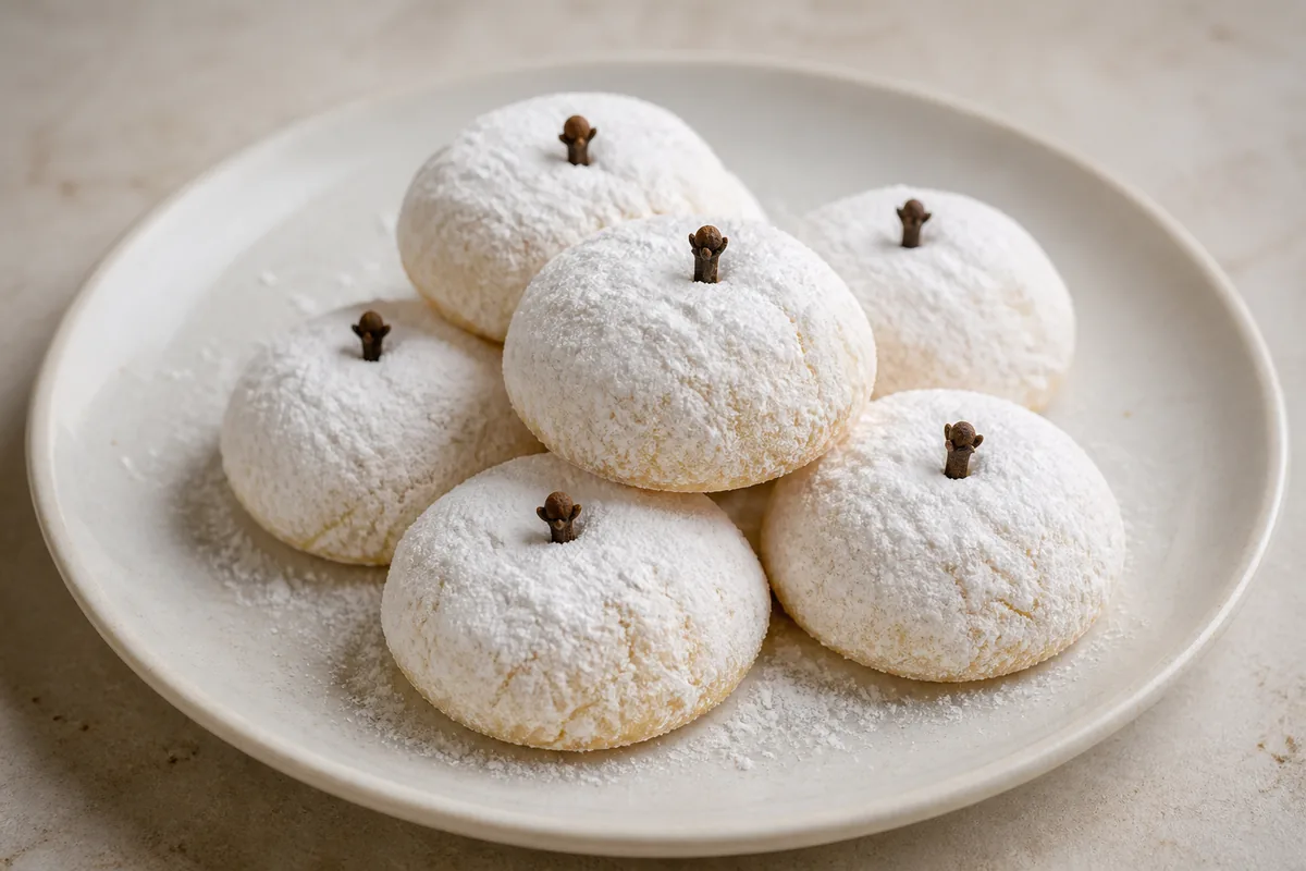 Les kourabiedes couverts de sucre glace, chacun surmonté d’un clou de girofle