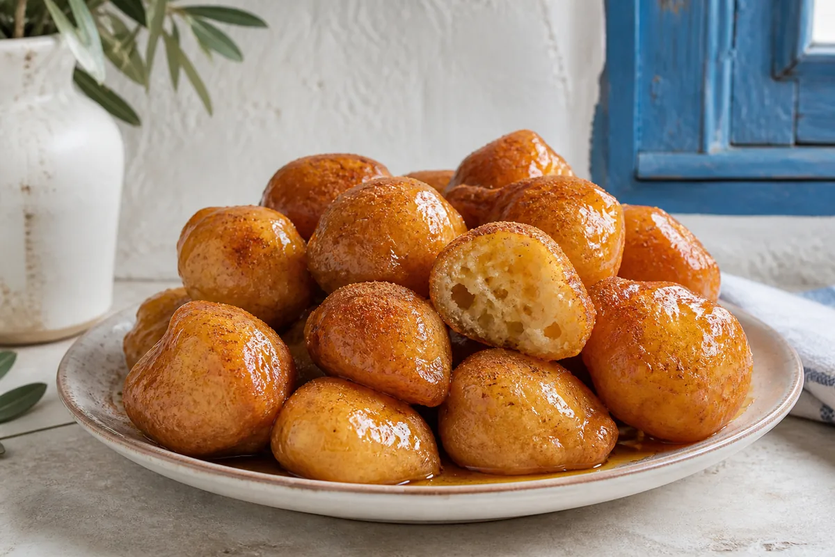 Des loukoumades grecs chauds, petits beignets ronds au miel et à la cannelle, avec une mie aérée visible