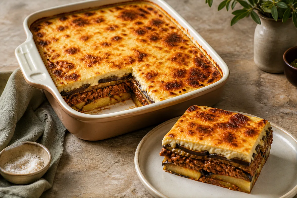 Le plat fini exact et immédiatement identifiable : moussaka grecque traditionnelle en couches