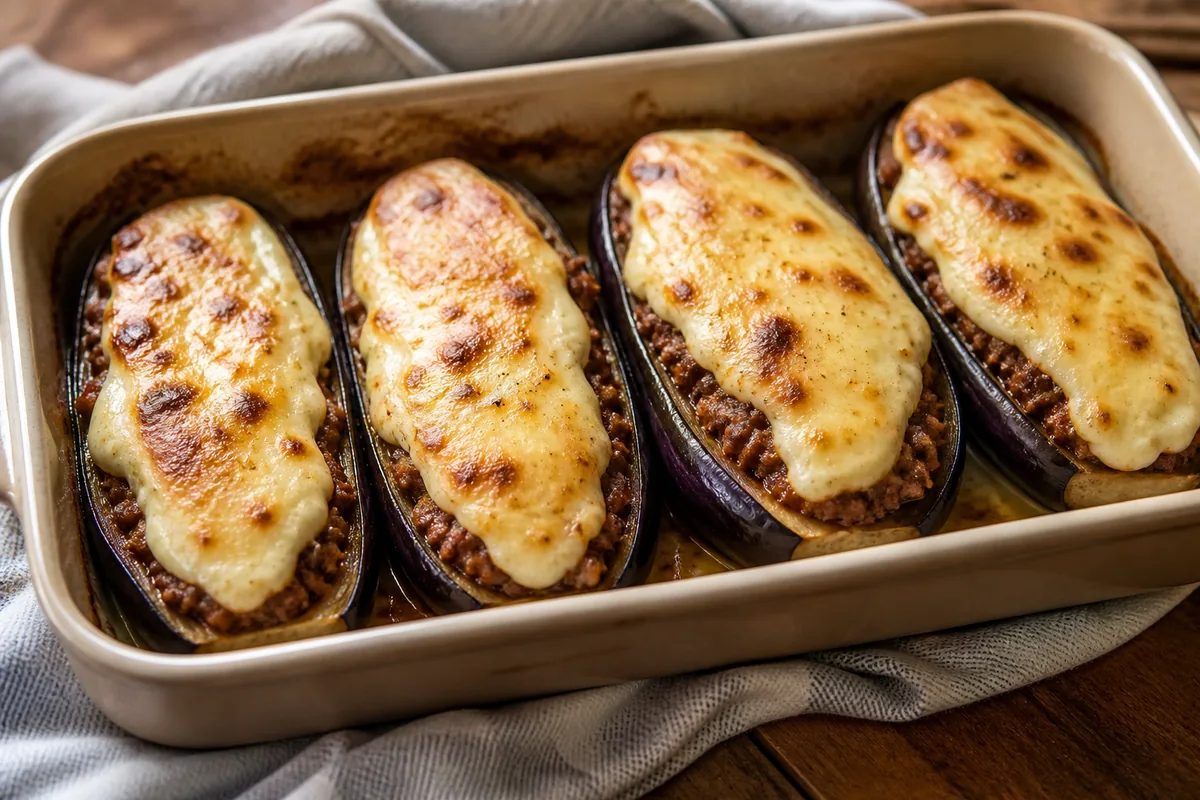 Les quatre demi-aubergines farcies au bœuf et couvertes de béchamel gratinée