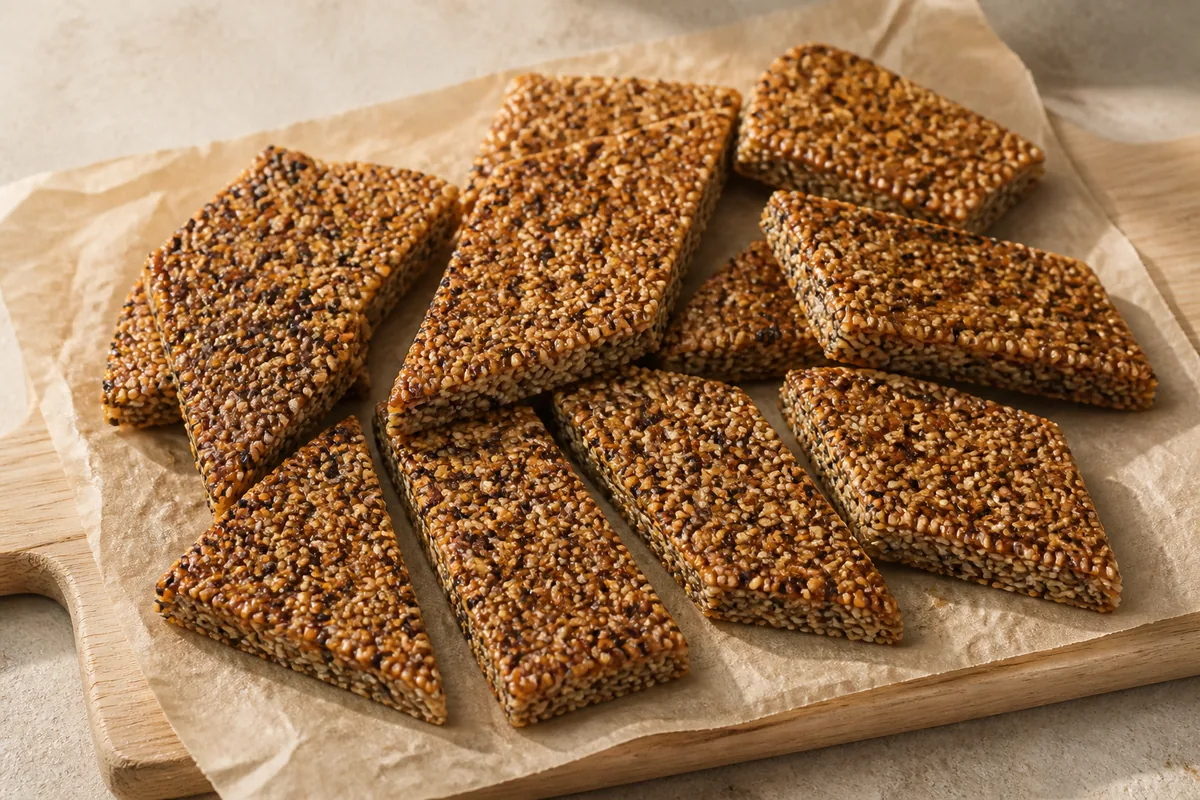 Les morceaux de pasteli au miel avec les trois couleurs de sésame nettement visibles