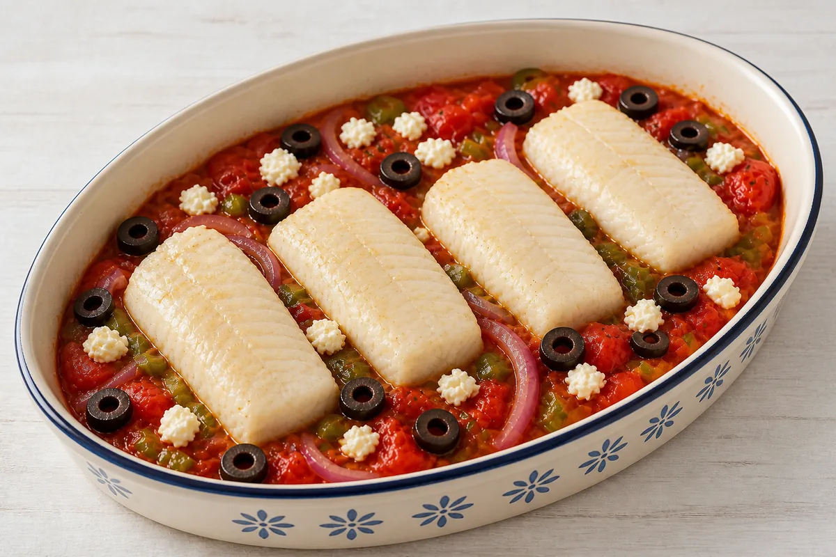 Quatre filets de cabillaud au four dans une sauce tomate, avec poivron vert, oignon rouge, olives noires et feta