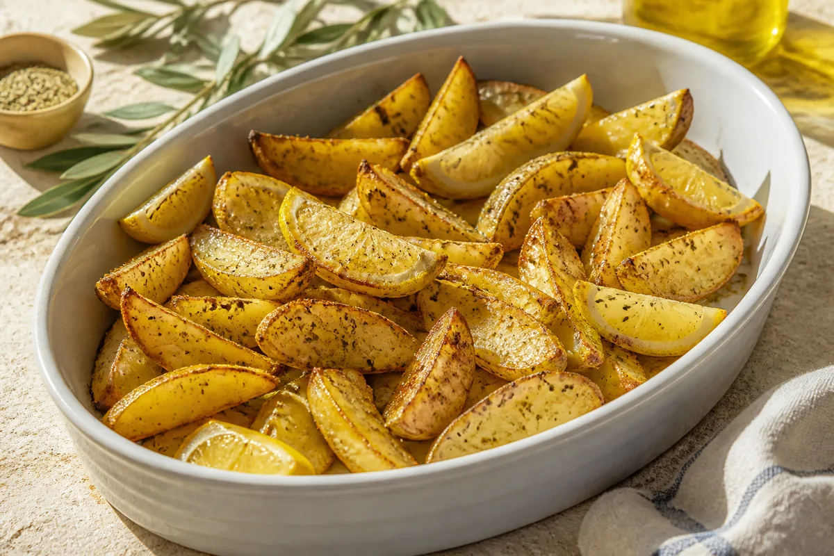 Des quartiers de pommes de terre rôtis au citron et à l’origan, tendres et dorés