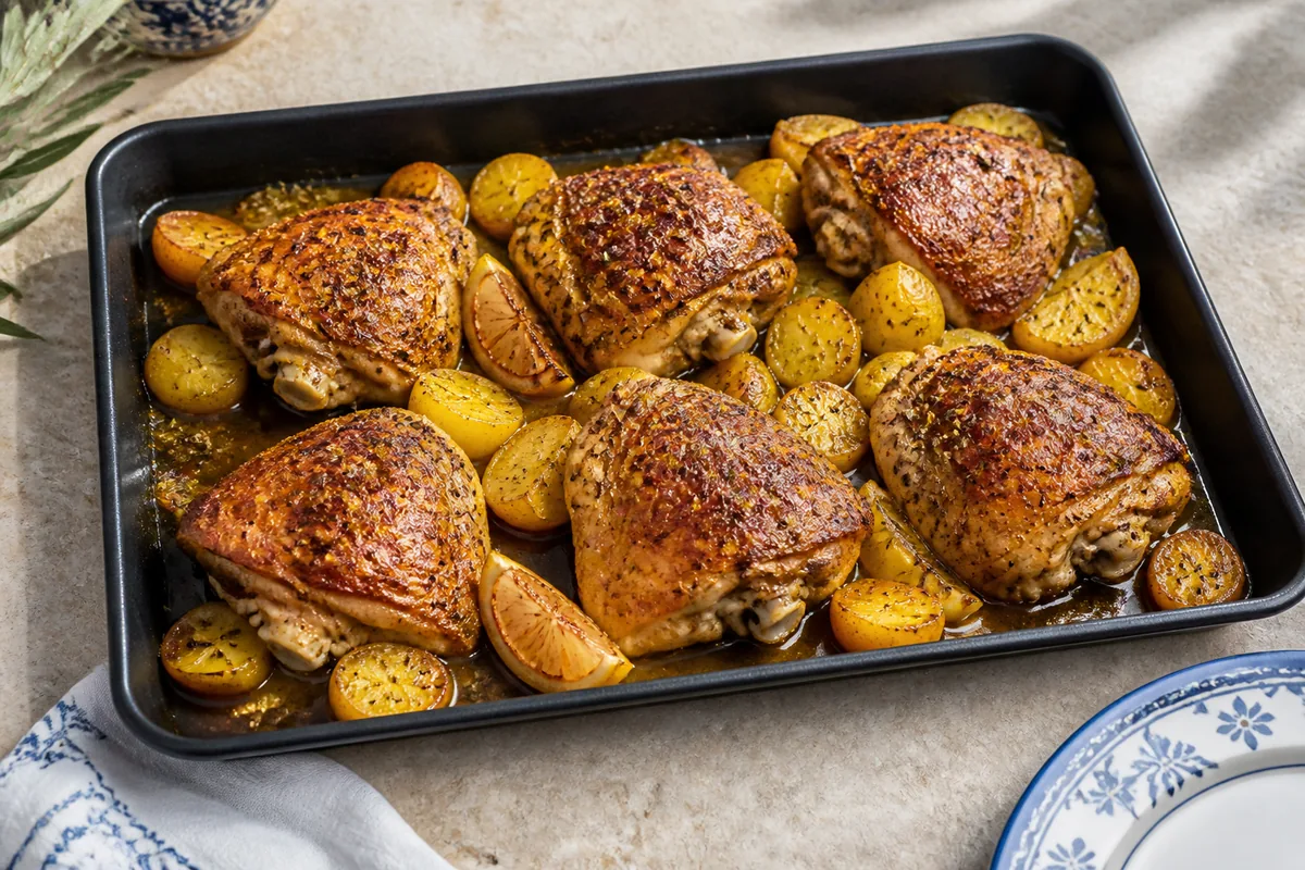 Le poulet grec rôti fini avec citron, origan et pommes de terre