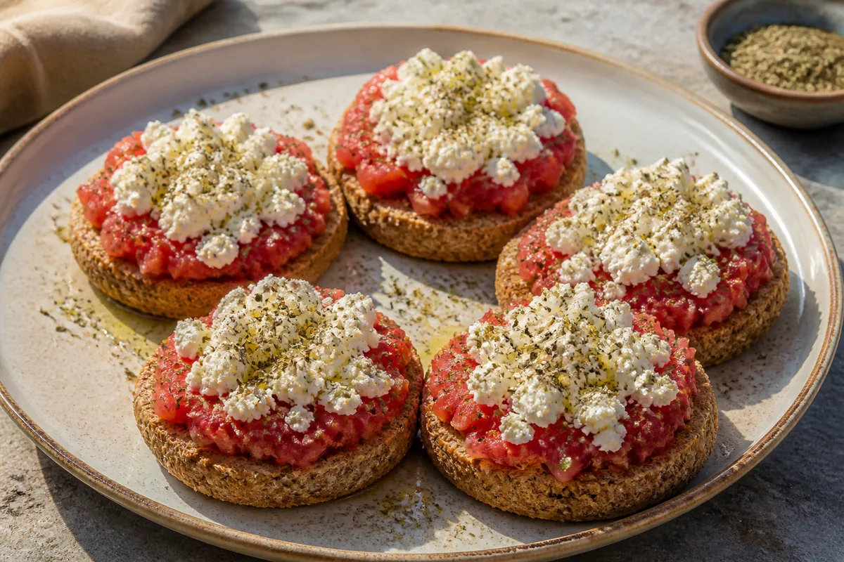 Les dakos d’orge garnis de tomate râpée, de mizithra, d’origan et d’huile d’olive