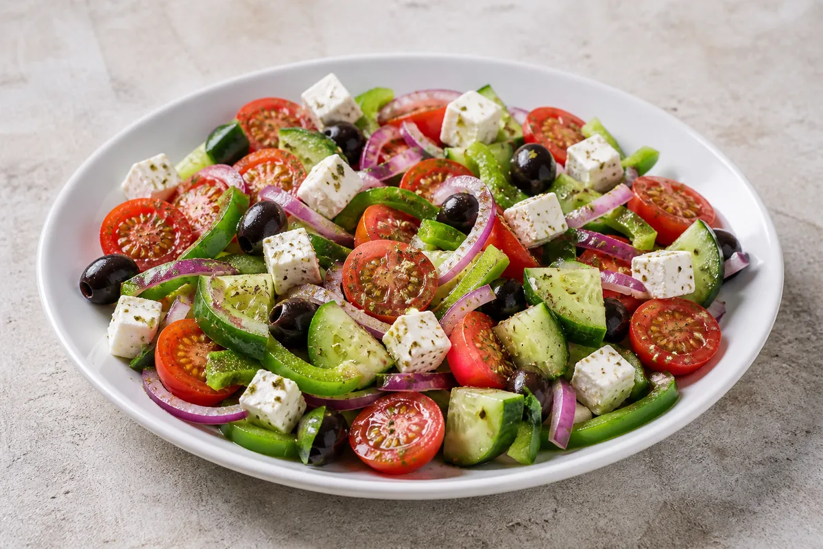Une horiatiki terminée avec légumes frais, olives et cubes de feta