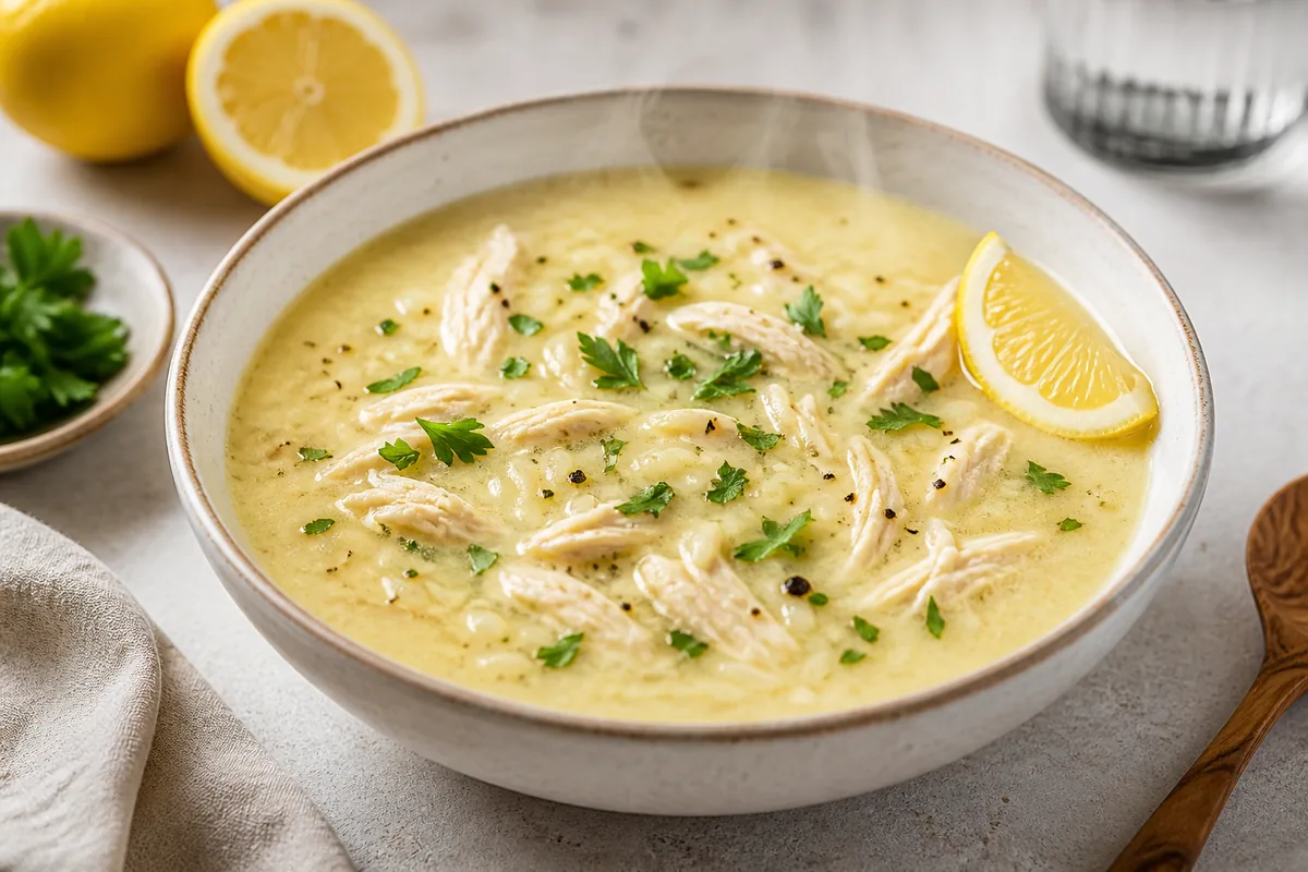 Une soupe grecque avgolemono veloutée avec poulet effiloché, riz, citron et persil clairement visibles