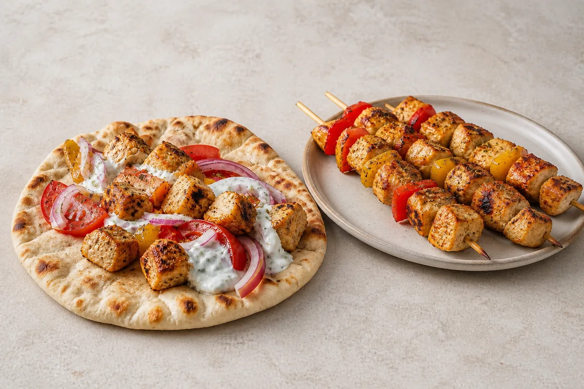 Le souvlaki de poulet sous forme de brochettes en cubes et de pita garnie