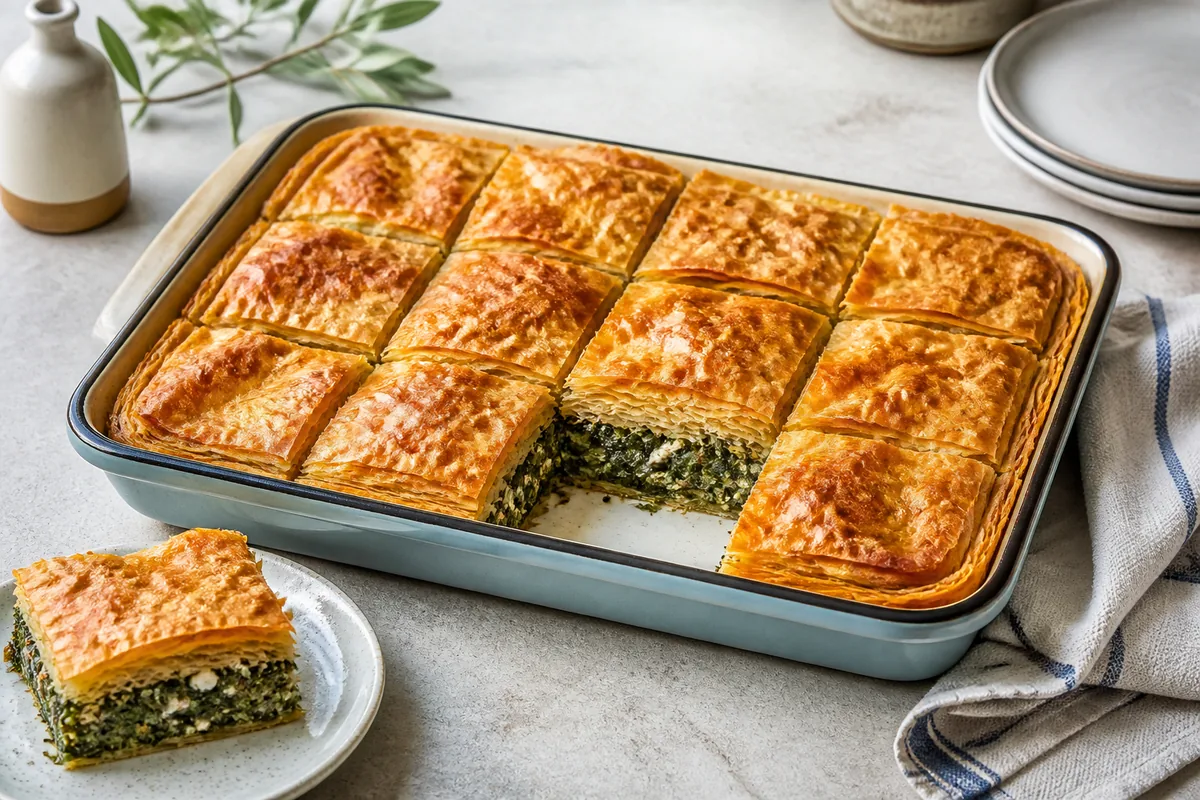 Le plat fini exact et immédiatement identifiable : spanakopita grecque aux épinards et à la feta