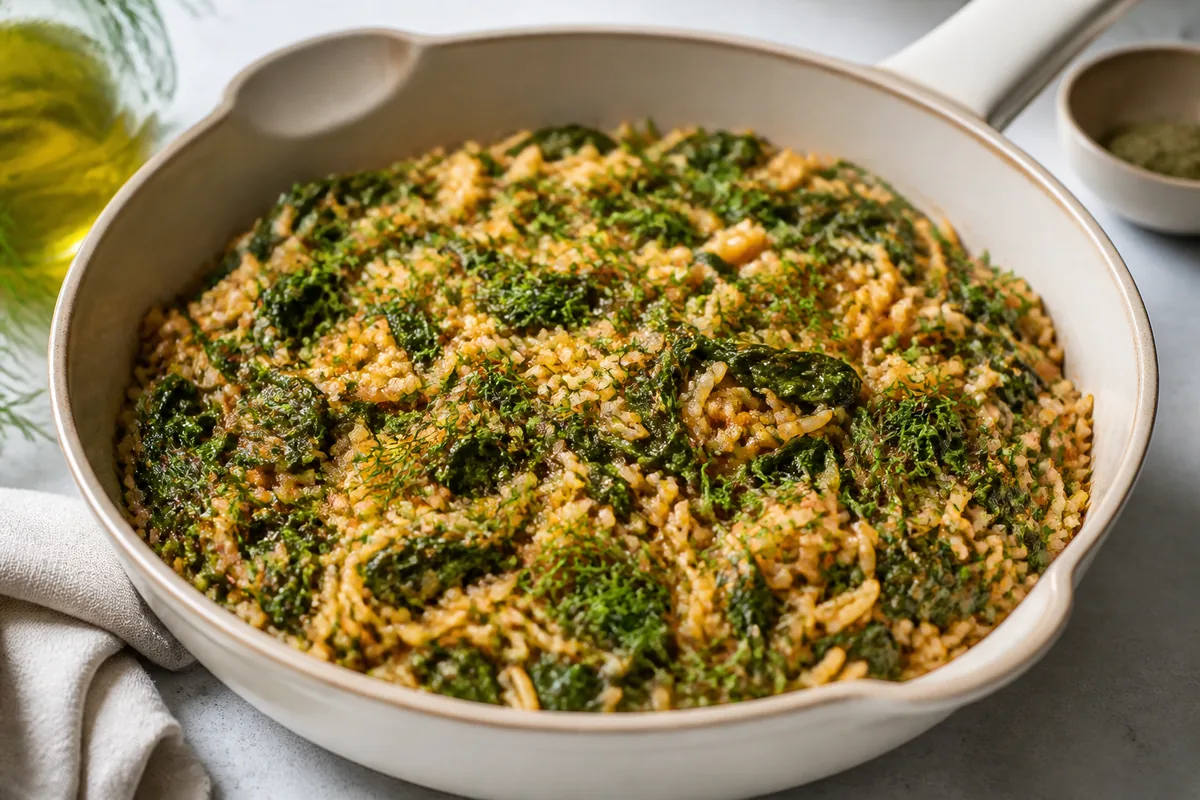 Le spanakorizo terminé, avec le riz, les épinards, l’aneth et la légère base tomatée clairement identifiables