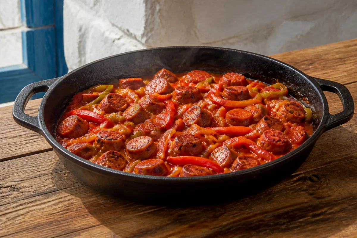 Le spetsofai fini avec saucisses rustiques, poivrons rouges et verts et sauce tomate