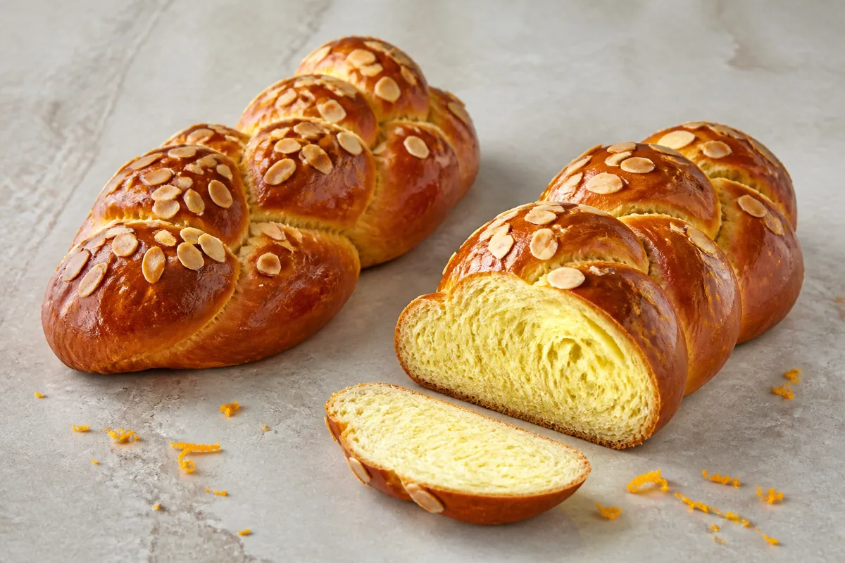 Les deux tsourekis tressés, dorés et garnis d’amandes, avec leur mie visible